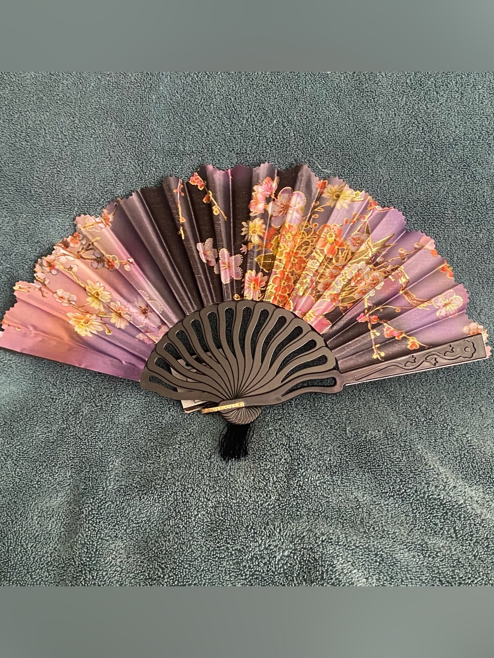 New Folding Hand Fan Lavender Black Floral Plastic Handle Nylon Blades 15”W 9”H